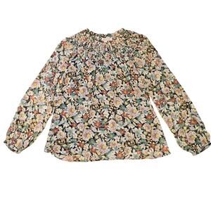 LOFT Blouse Womens Small Dark Floral Long Sleeve Smocked Lightweight Chiffon Top